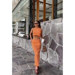 St. Cloud Label Carrie Rib Knit Tank & Pisco Skirt Set Orange Size Large NWOT